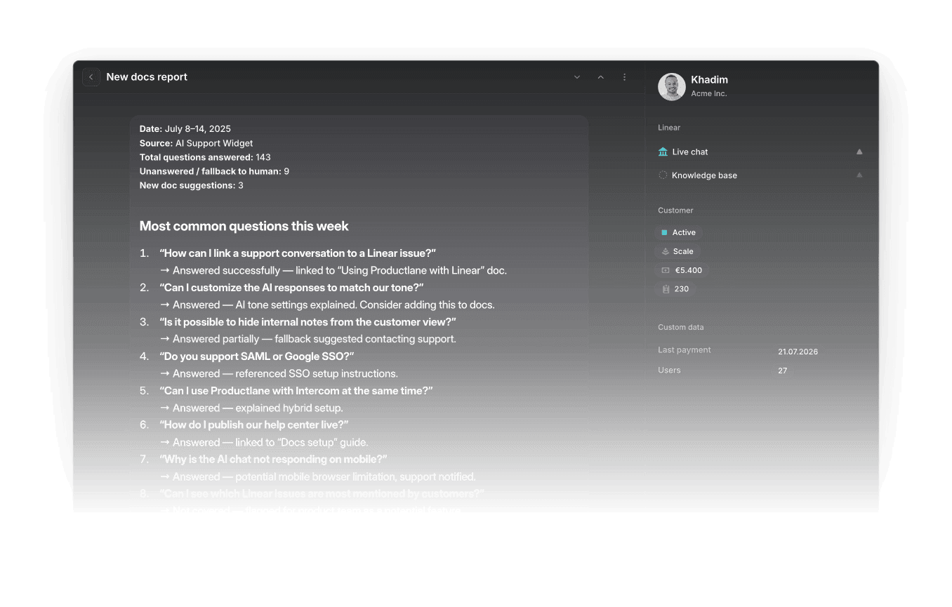 Weekly AI docs report showing common questions and customer details
